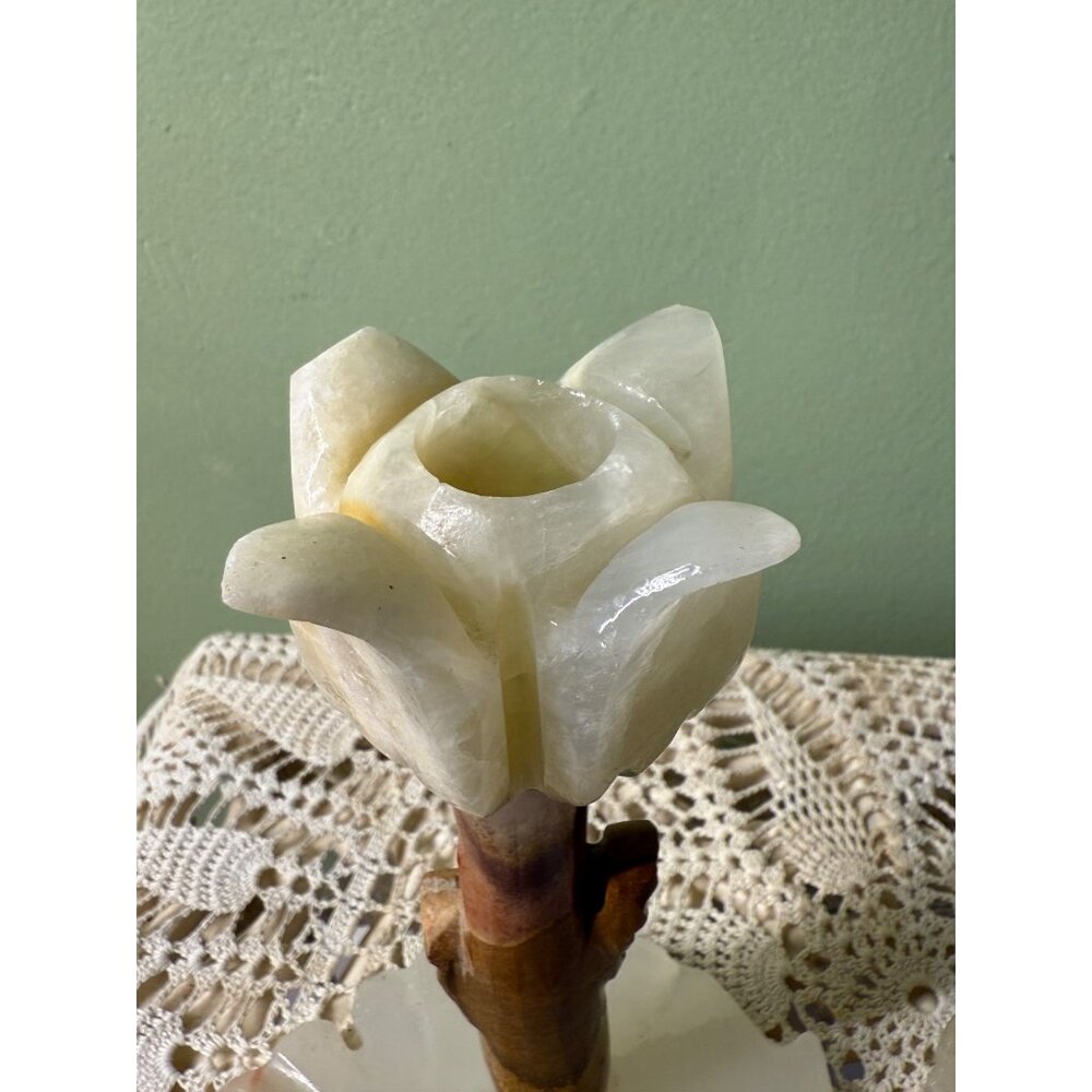 Vintage MCM Carved Onyx Flower Candle Stick Holders - Picture 14 of 16